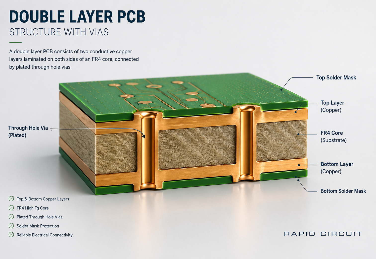Double layer PCB structure with vias